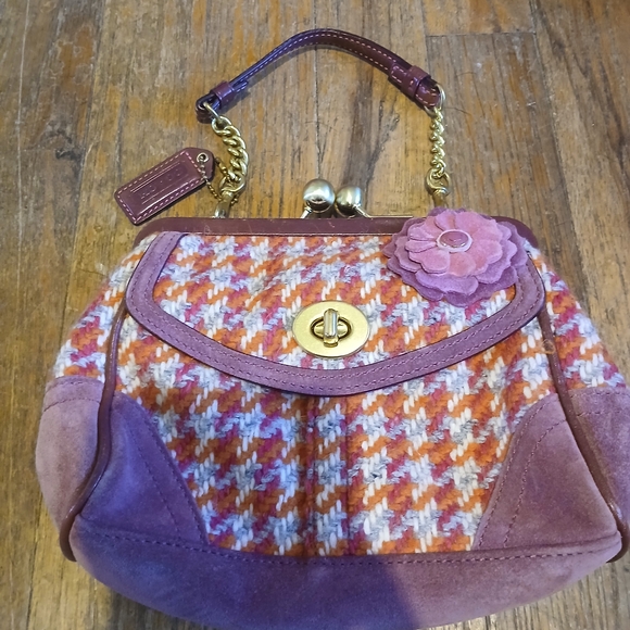 Coach Vintage Tweed Kisslock Top Handle Mini Bag Pink Purple Floral Chain Strap - Picture 3 of 14